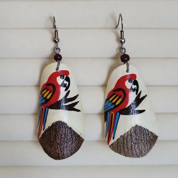 Hand Painted Parrot Carved Deer Antler Earrings Unique  Art - Picture 7 of 7
